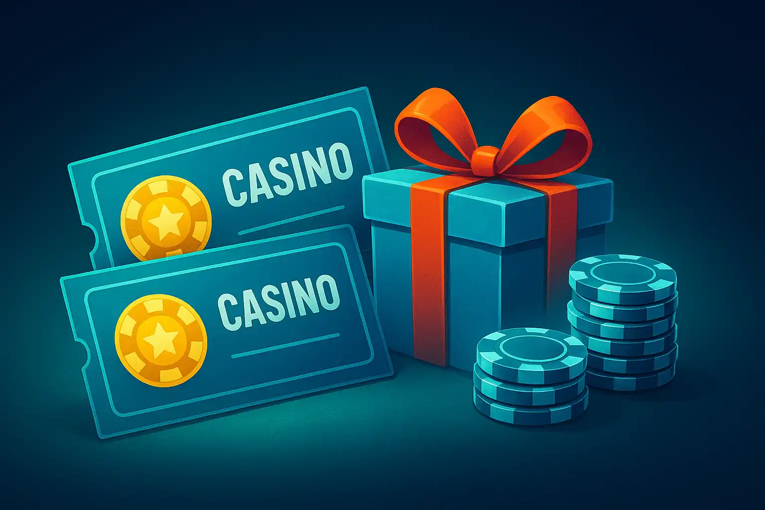 Illustration of a bonus coupon and casino chips on a turquoise background
